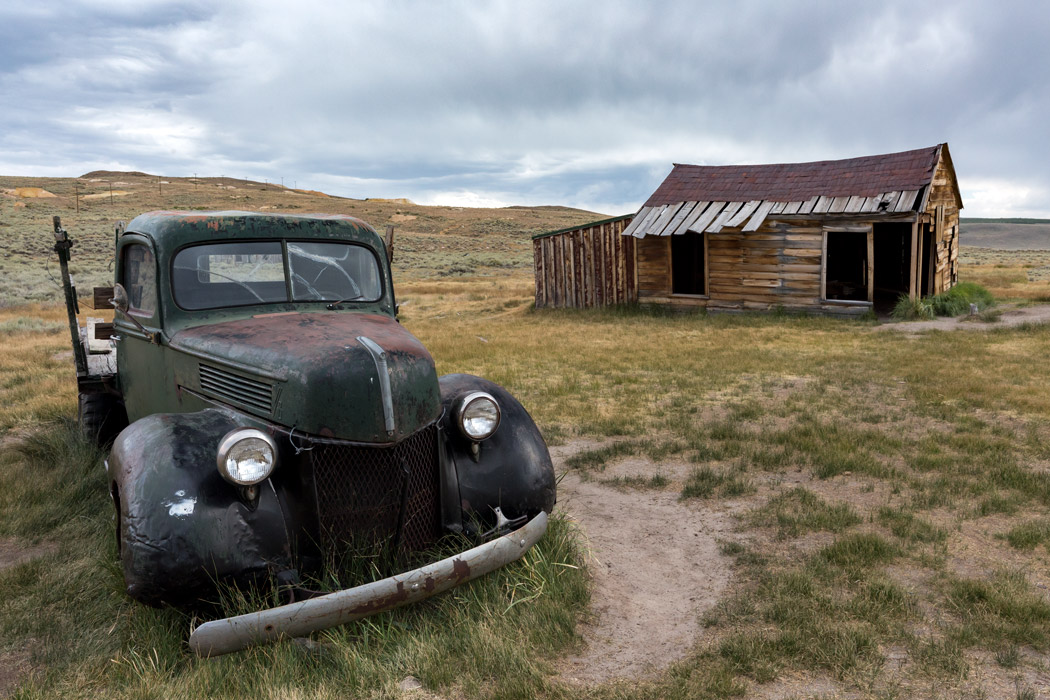 Green pickup truck in Bodie ghost town